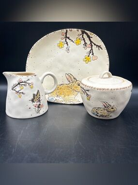 Spectrum Designz Sugar Bowl Creamer Plate Set Bunny Butterfly Flowers Farmhouse